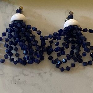 1960s Blue & White Cascading Beaded Drop Earrings | Vintage Statement
